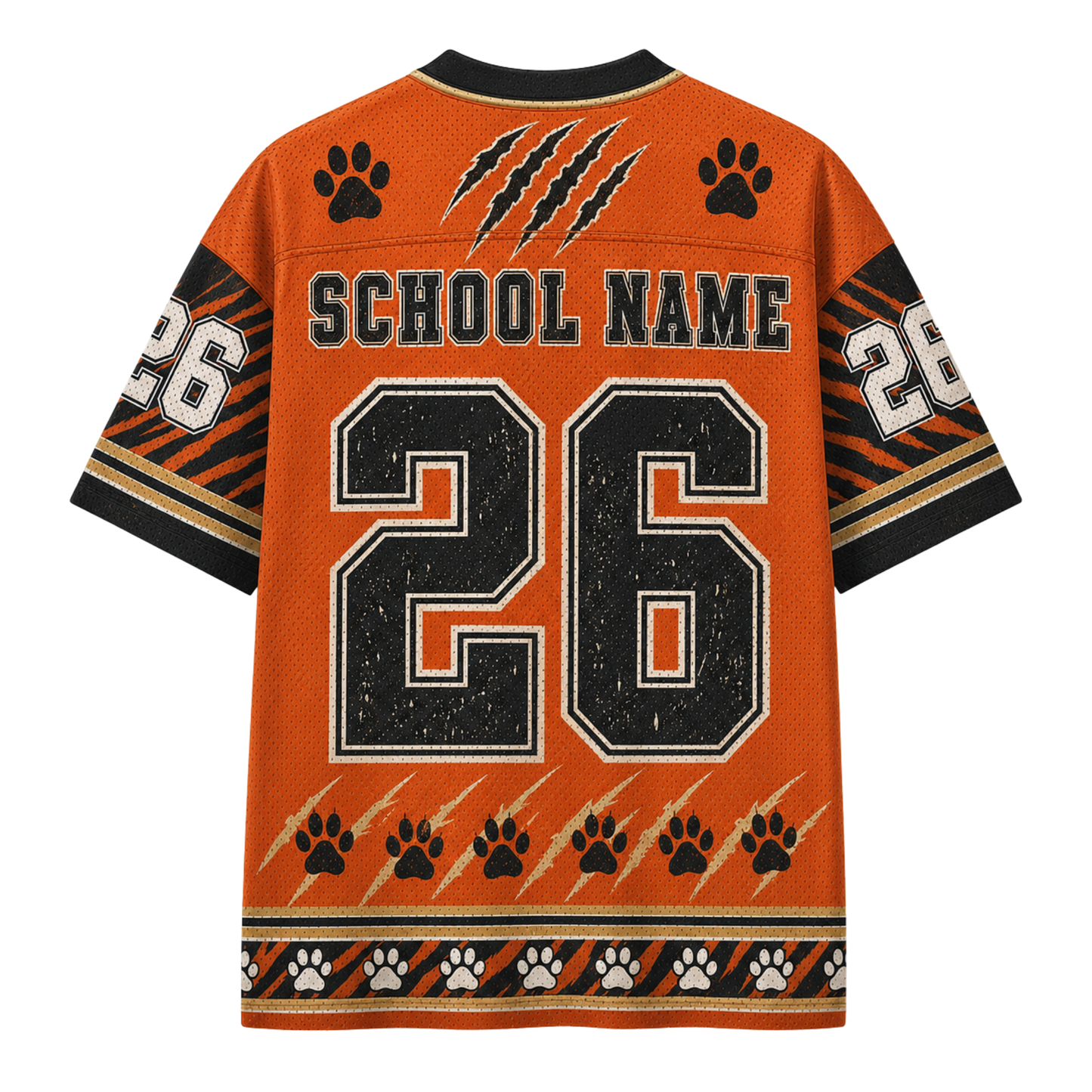 An orange short-sleeve sports jersey shown from the back, featuring a large black number 26 with white and black outlining, 'SCHOOL NAME' text across the upper back, black paw prints, claw marks, and striped sleeve details on a plain white background.