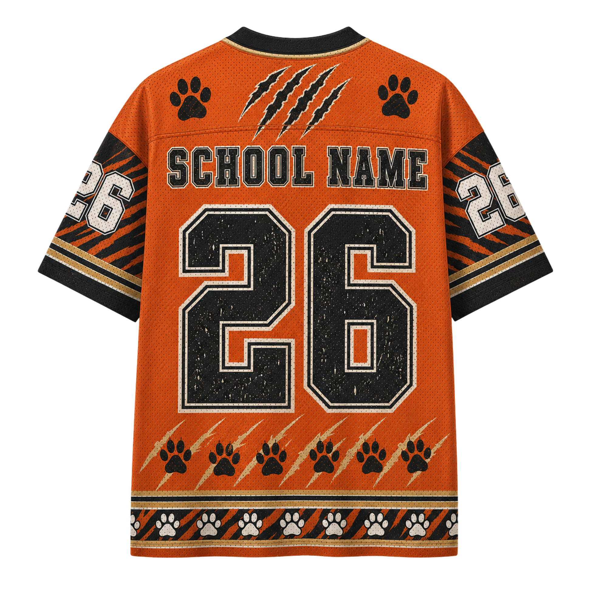 An orange short-sleeve sports jersey shown from the back, featuring a large black number 26 with white and black outlining, 'SCHOOL NAME' text across the upper back, black paw prints, claw marks, and striped sleeve details on a plain white background.