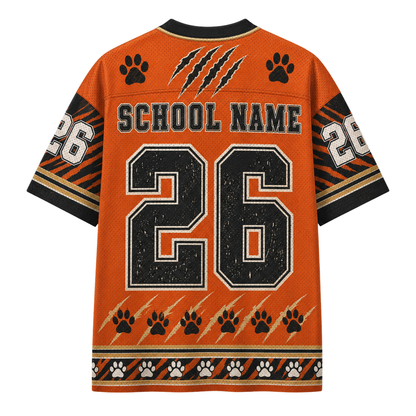 An orange short-sleeve sports jersey shown from the back, featuring a large black number 26 with white and black outlining, 'SCHOOL NAME' text across the upper back, black paw prints, claw marks, and striped sleeve details on a plain white background.