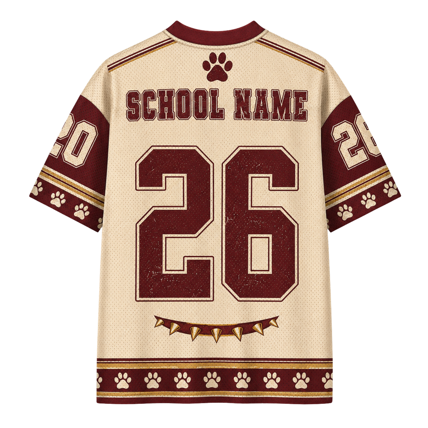 Back view of a short-sleeve sports jersey in cream and maroon with 'SCHOOL NAME' and the number 26 printed on the back, plus paw print details and a jagged collar accent.