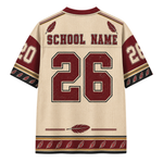 Back view of a short-sleeve athletic-style jersey in cream mesh with dark red and black trim, featuring 'SCHOOL NAME' and the number '26' on the back, plus feather motifs and sleeve details.