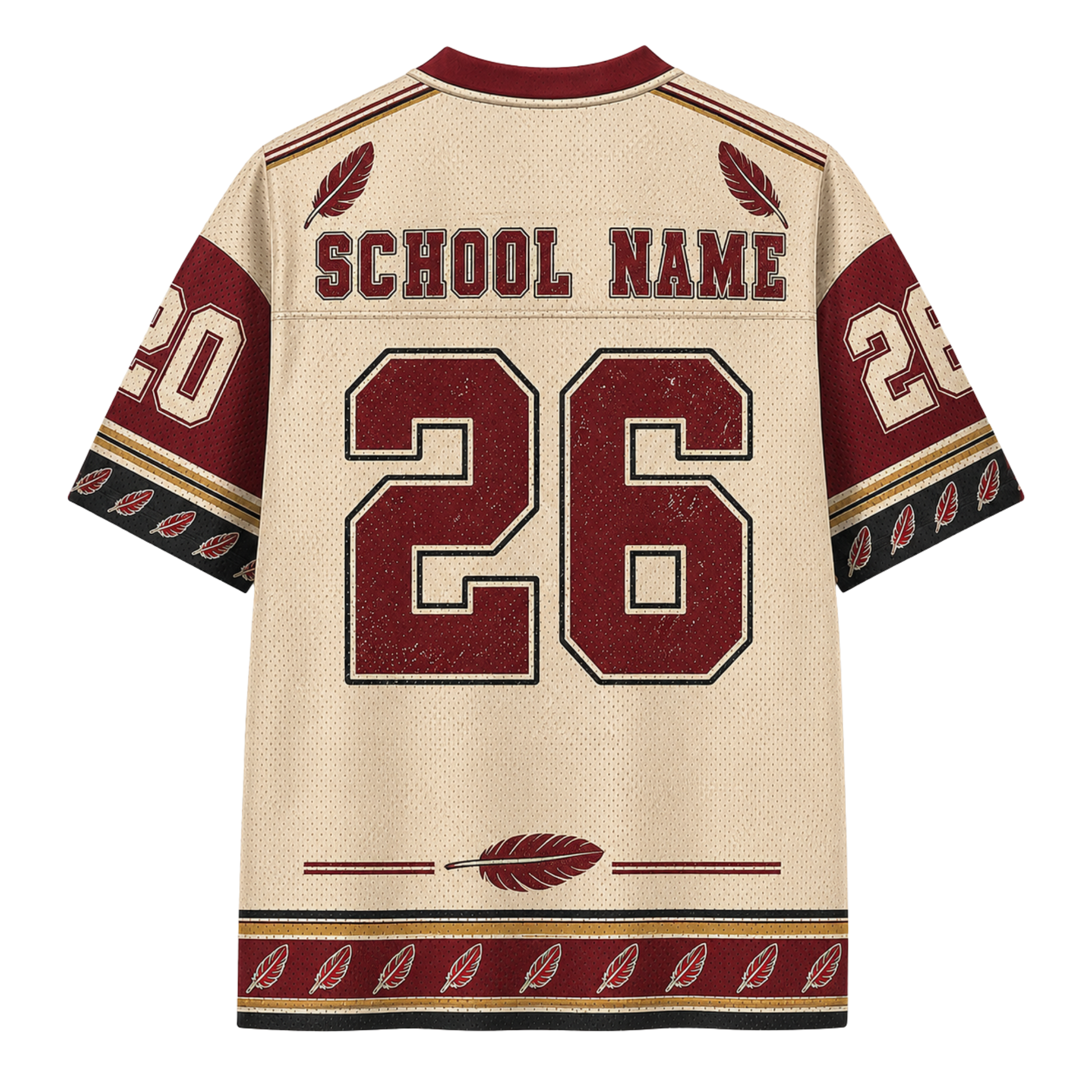 Back view of a short-sleeve athletic-style jersey in cream mesh with dark red and black trim, featuring 'SCHOOL NAME' and the number '26' on the back, plus feather motifs and sleeve details.