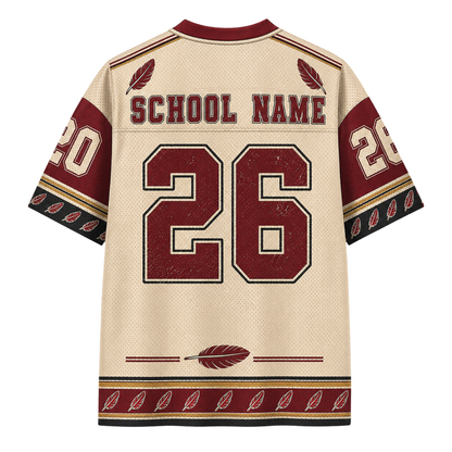 Back view of a short-sleeve athletic-style jersey in cream mesh with dark red and black trim, featuring 'SCHOOL NAME' and the number '26' on the back, plus feather motifs and sleeve details.