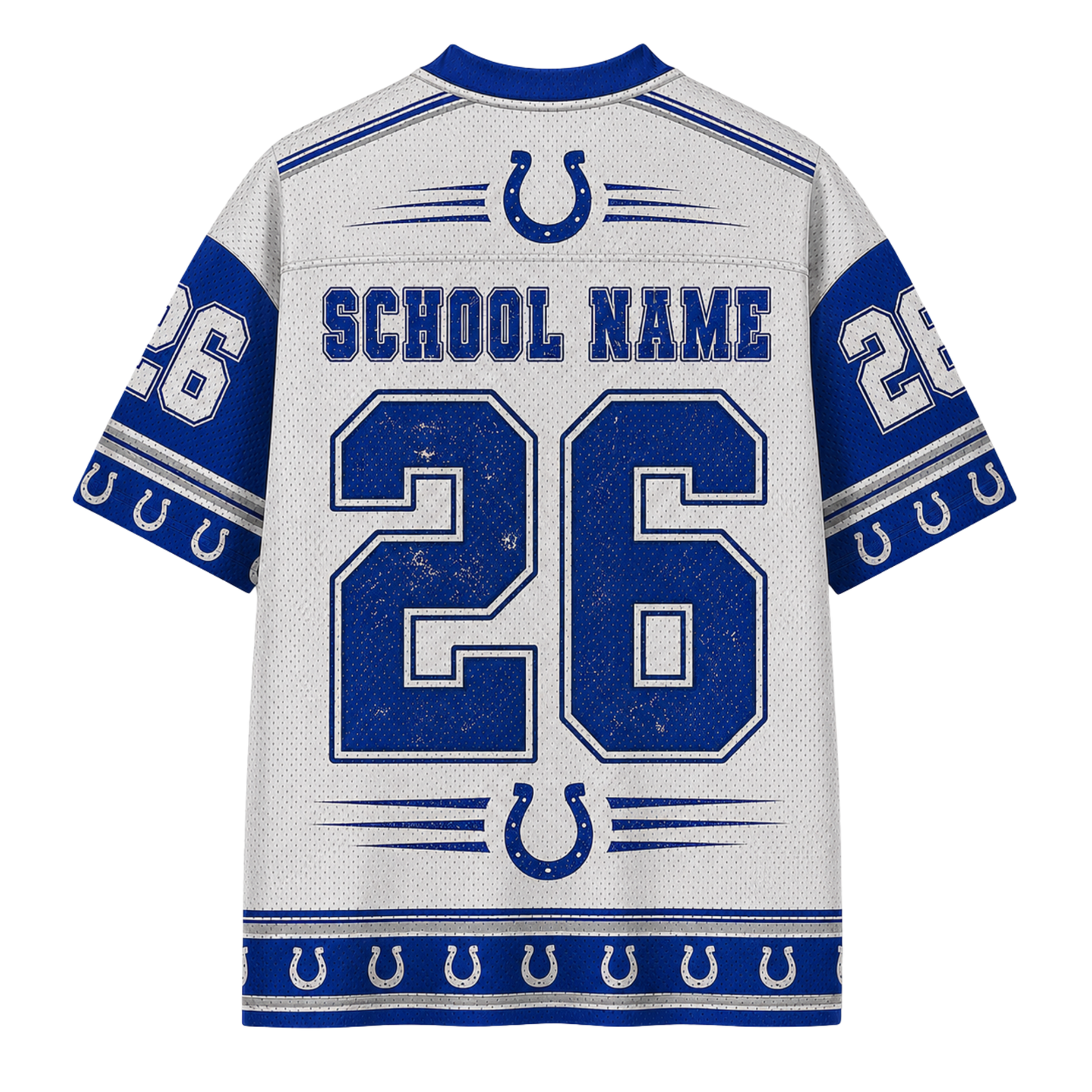 White and blue Indianapolis Colts jersey shown from the back, featuring the number 26, 'SCHOOL NAME' text, and horseshoe logos. The jersey has a distressed, vintage-style texture.