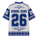 White and blue Indianapolis Colts jersey shown from the back, featuring the number 26, 'SCHOOL NAME' text, and horseshoe logos. The jersey has a distressed, vintage-style texture.