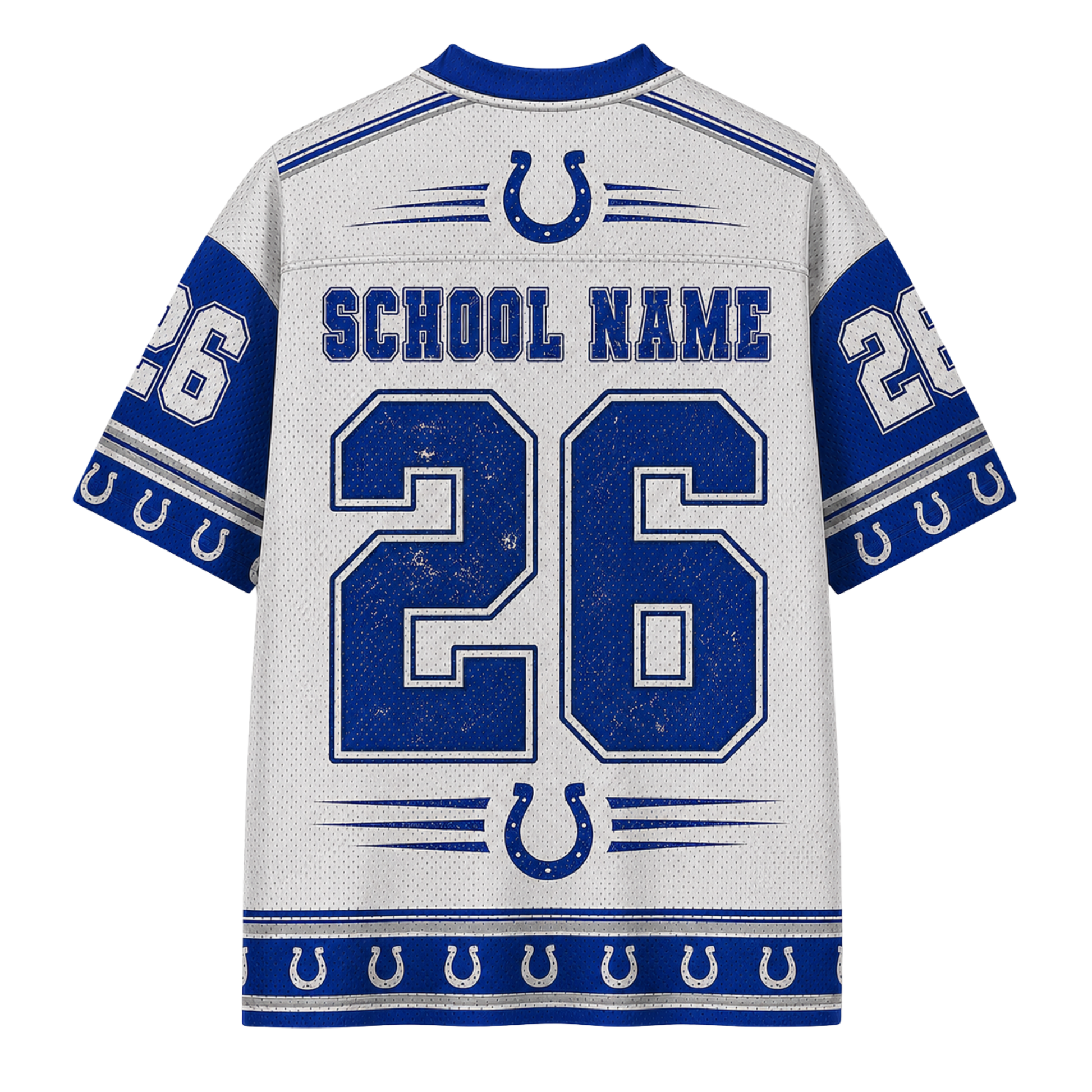 White and blue Indianapolis Colts jersey shown from the back, featuring the number 26, 'SCHOOL NAME' text, and horseshoe logos. The jersey has a distressed, vintage-style texture.