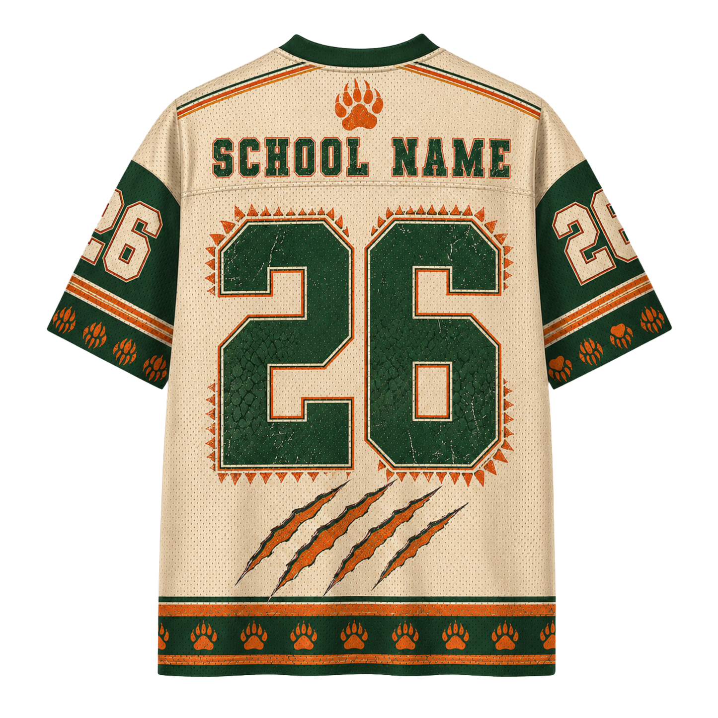Customizable short-sleeve athletic jersey shown from the back, featuring a cream mesh body with green and orange accents, large number 26, placeholder 'SCHOOL NAME' text, paw print details, and claw graphics.