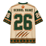 Customizable short-sleeve athletic jersey shown from the back, featuring a cream mesh body with green and orange accents, large number 26, placeholder 'SCHOOL NAME' text, paw print details, and claw graphics.