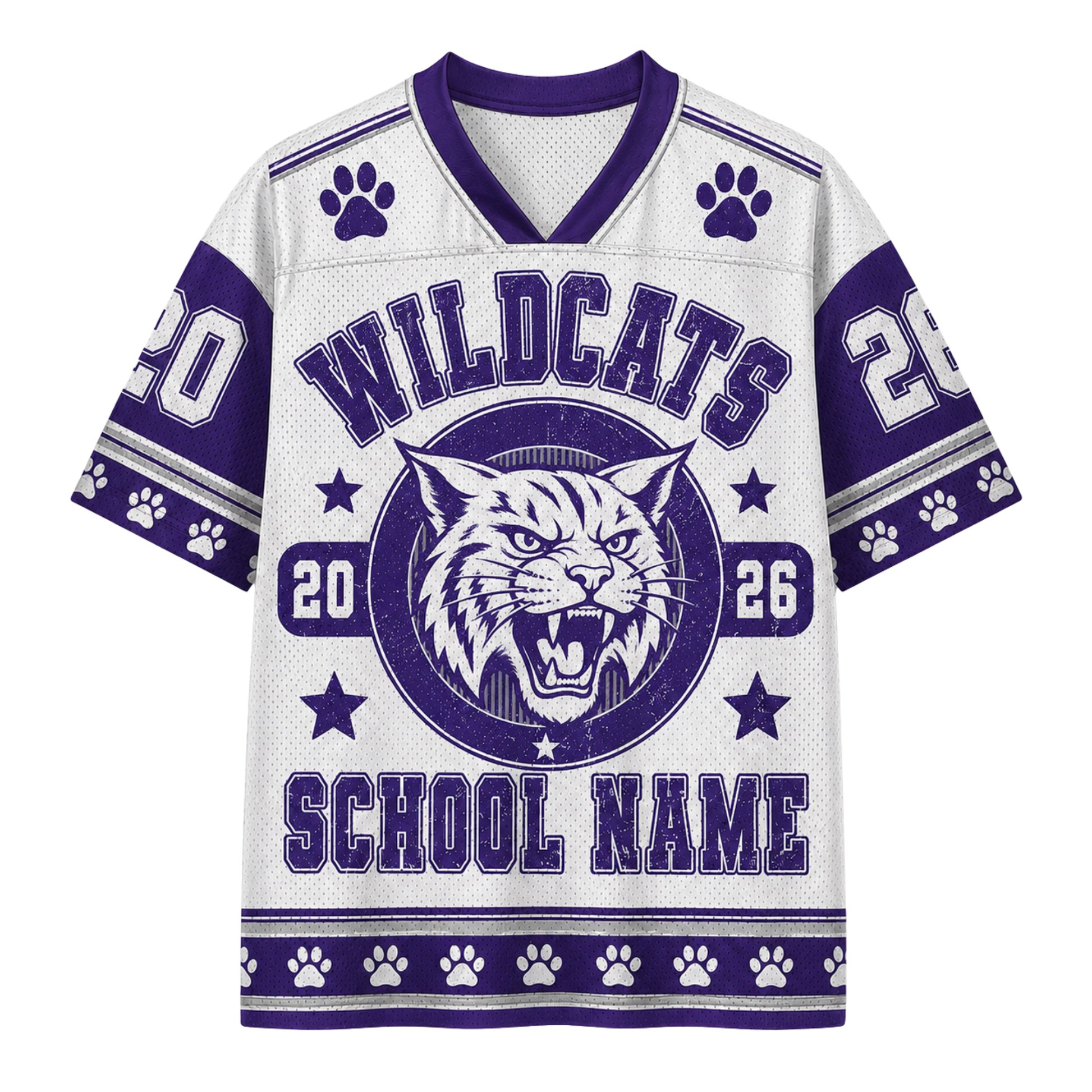 A white and purple short-sleeve football jersey with 'WILDCATS' and a wildcat mascot graphic on the front, plus 'SCHOOL NAME' and paw-print details.