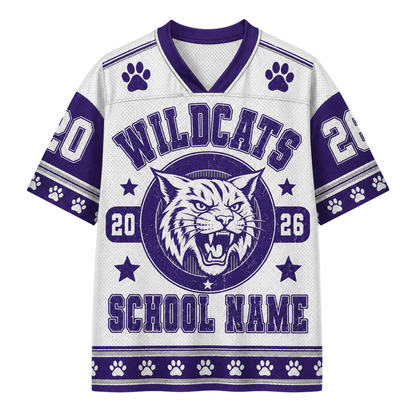 A white and purple short-sleeve football jersey with 'WILDCATS' and a wildcat mascot graphic on the front, plus 'SCHOOL NAME' and paw-print details.