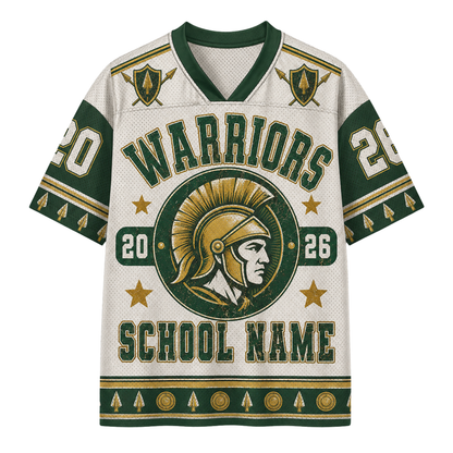A custom short-sleeve athletic jersey in cream and dark green with gold accents, featuring a Spartan helmet graphic, 'WARRIORS' text, and placeholder text 'SCHOOL NAME'.