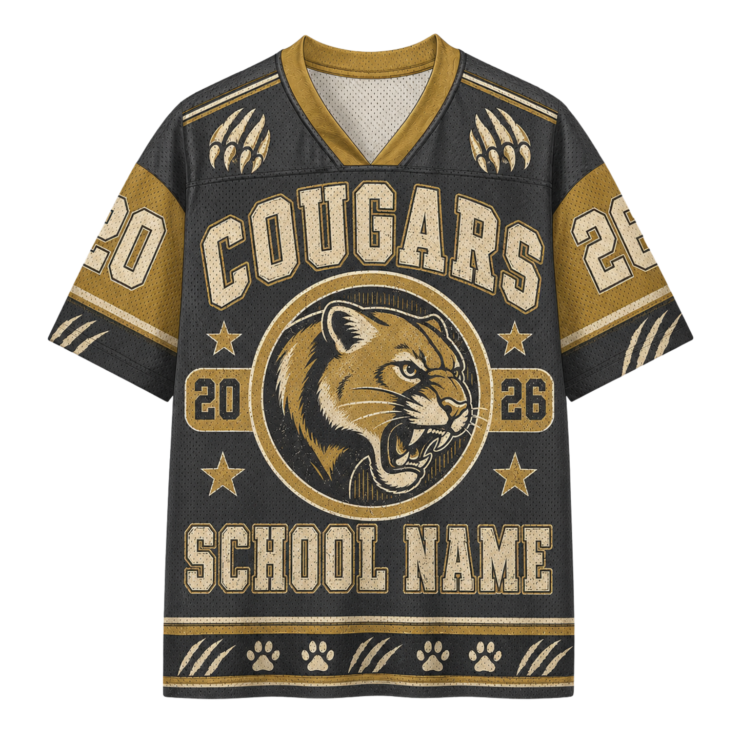 A custom short-sleeve V-neck jersey with a dark charcoal gray body and gold accents, featuring a cougar mascot logo, 'COUGARS' text, and placeholder text 'SCHOOL NAME'.