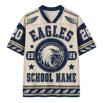 A custom short-sleeve athletic jersey with a cream mesh body, navy blue trim, and a large eagle graphic on the front. The text 'EAGLES' and 'SCHOOL NAME' is printed on the chest, along with the numbers 20 and 26.