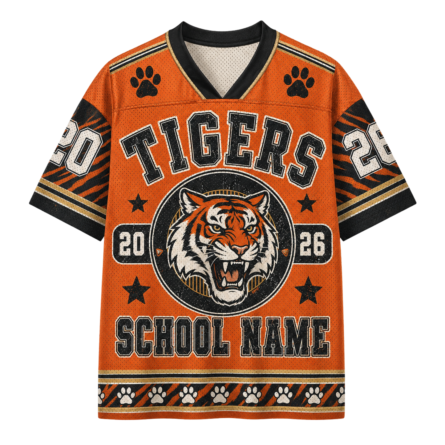 An orange short-sleeve athletic-style jersey with a black and white V-neck collar, featuring a tiger graphic, paw prints, and the word 'TIGERS' across the chest. The design includes customizable text placeholders like 'SCHOOL NAME' and numbers '20' and '26'.