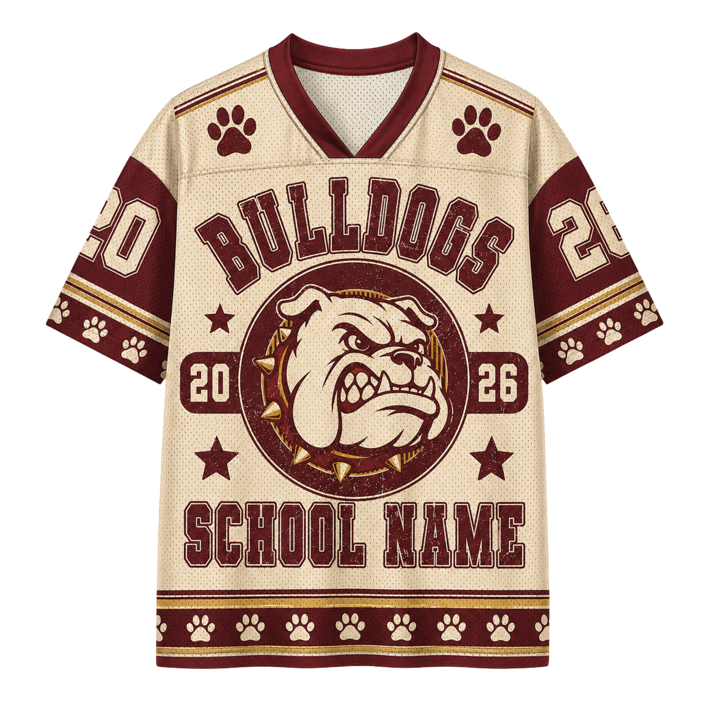 A short-sleeve V-neck football jersey with a cream mesh-like base and dark red graphics. The design features 'BULLDOGS' across the chest, a bulldog mascot logo in the center, paw prints, stars, and the placeholder text 'SCHOOL NAME'.