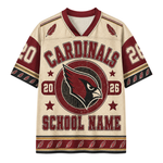 A short-sleeve V-neck football jersey with a distressed cream and maroon design. The front features 'CARDINALS' in arched maroon lettering, a large cardinal bird logo in the center, the numbers '20' and '26', and 'SCHOOL NAME' at the bottom.