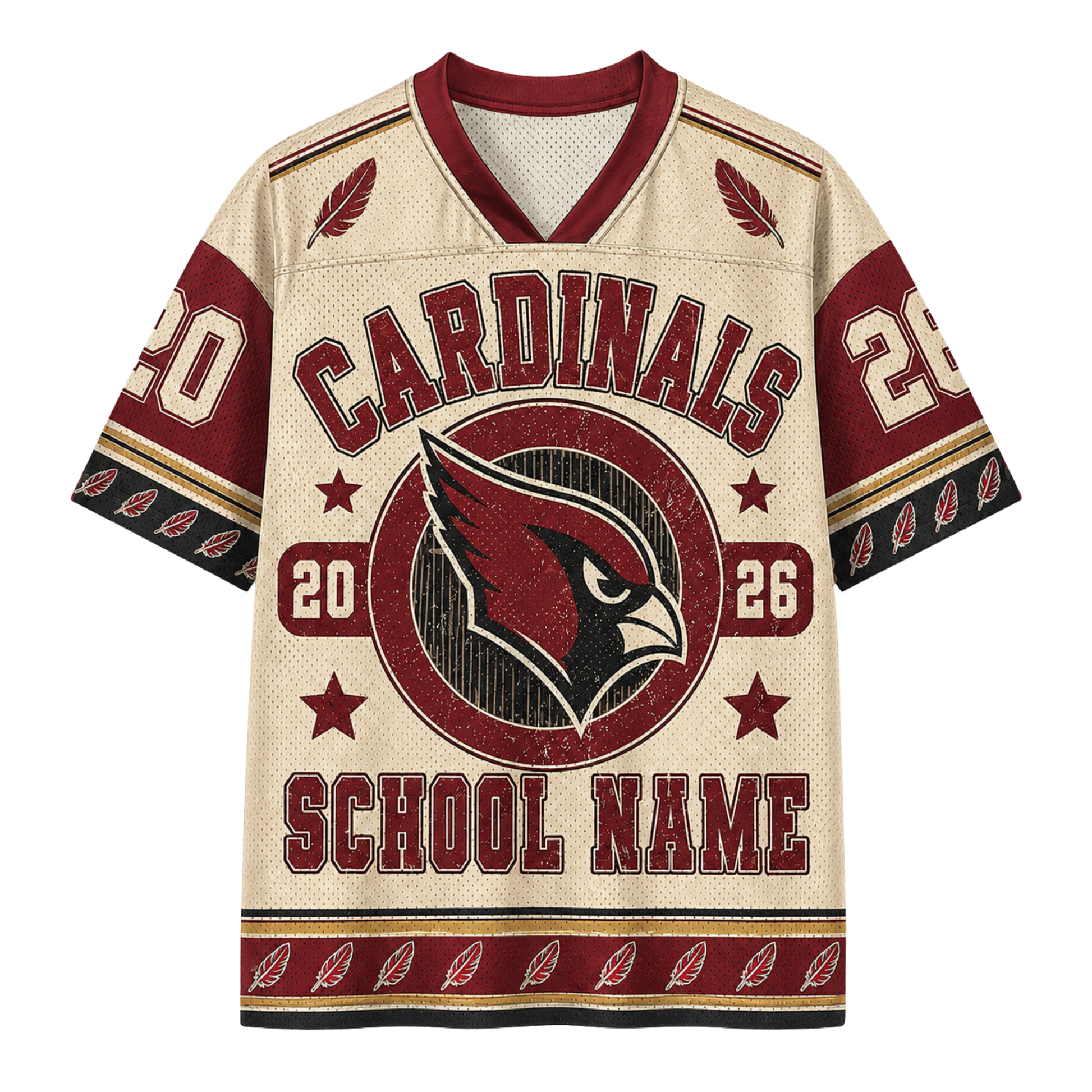 A short-sleeve V-neck football jersey with a distressed cream and maroon design. The front features 'CARDINALS' in arched maroon lettering, a large cardinal bird logo in the center, the numbers '20' and '26', and 'SCHOOL NAME' at the bottom.