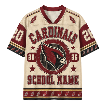 A short-sleeve V-neck football jersey with a distressed cream and maroon design. The front features 'CARDINALS' in arched maroon lettering, a large cardinal bird logo in the center, the numbers '20' and '26', and 'SCHOOL NAME' at the bottom.