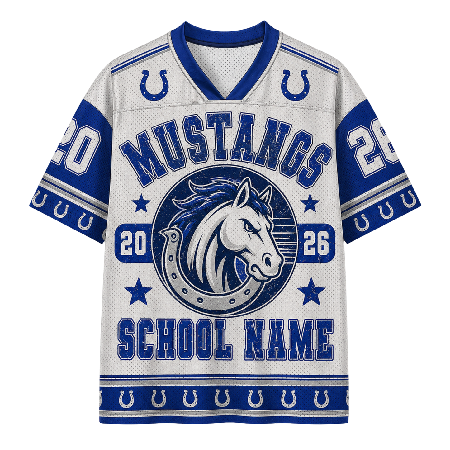 A customizable white and blue mesh football jersey featuring the Indianapolis Colts Mustangs theme. The front displays 'MUSTANGS' in arched blue letters, a horse logo inside a horseshoe, the numbers '20' and '26', and 'SCHOOL NAME' at the bottom.