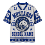 A customizable white and blue mesh football jersey featuring the Indianapolis Colts Mustangs theme. The front displays 'MUSTANGS' in arched blue letters, a horse logo inside a horseshoe, the numbers '20' and '26', and 'SCHOOL NAME' at the bottom.