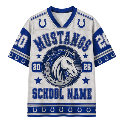 A customizable white and blue mesh football jersey featuring the Indianapolis Colts Mustangs theme. The front displays 'MUSTANGS' in arched blue letters, a horse logo inside a horseshoe, the numbers '20' and '26', and 'SCHOOL NAME' at the bottom.