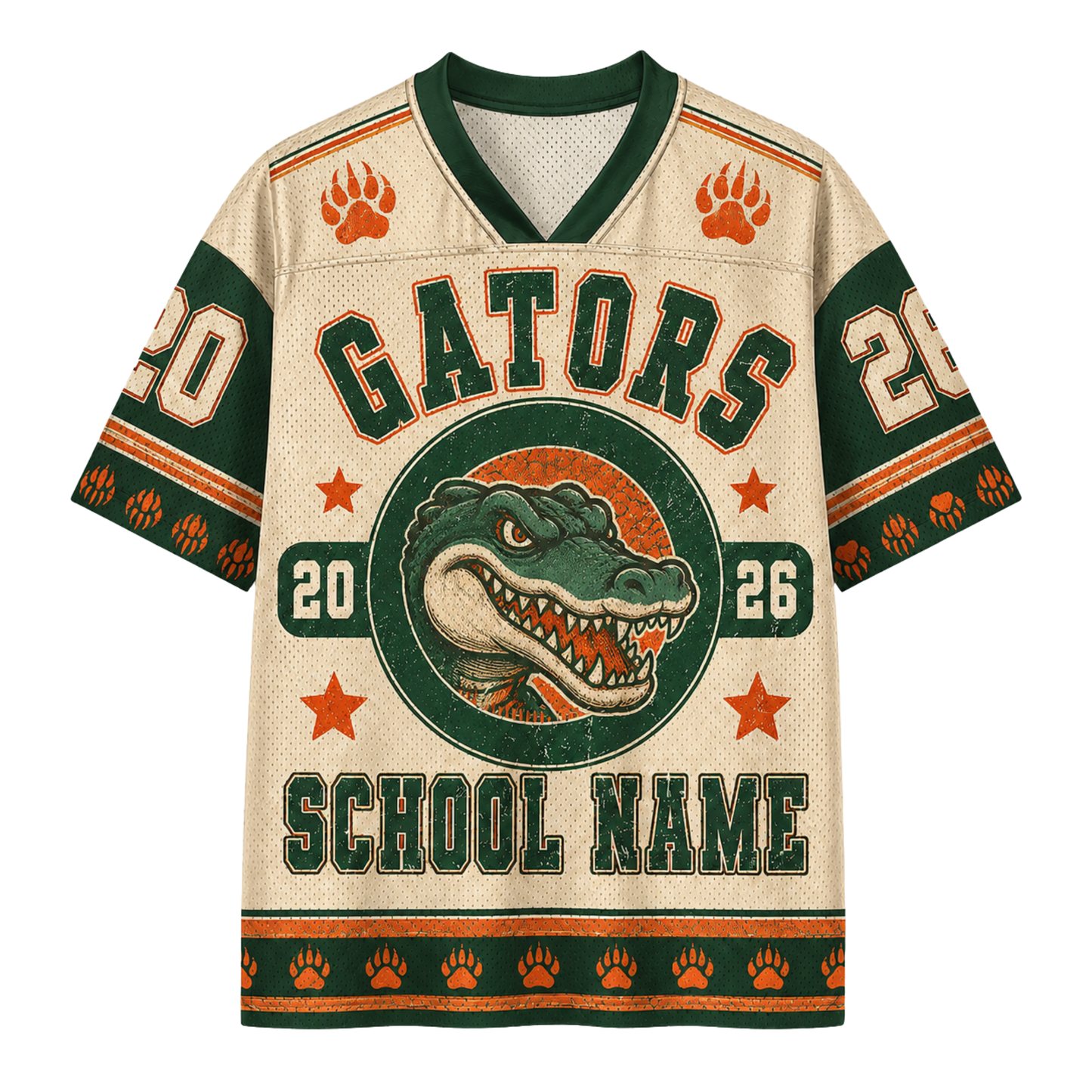 A short-sleeve V-neck football jersey with a cream mesh-like base, dark green trim, and orange accents. The front features a large alligator graphic inside a circle with the word 'GATORS' above it, plus 'SCHOOL NAME' and numbers '20' and '26'.