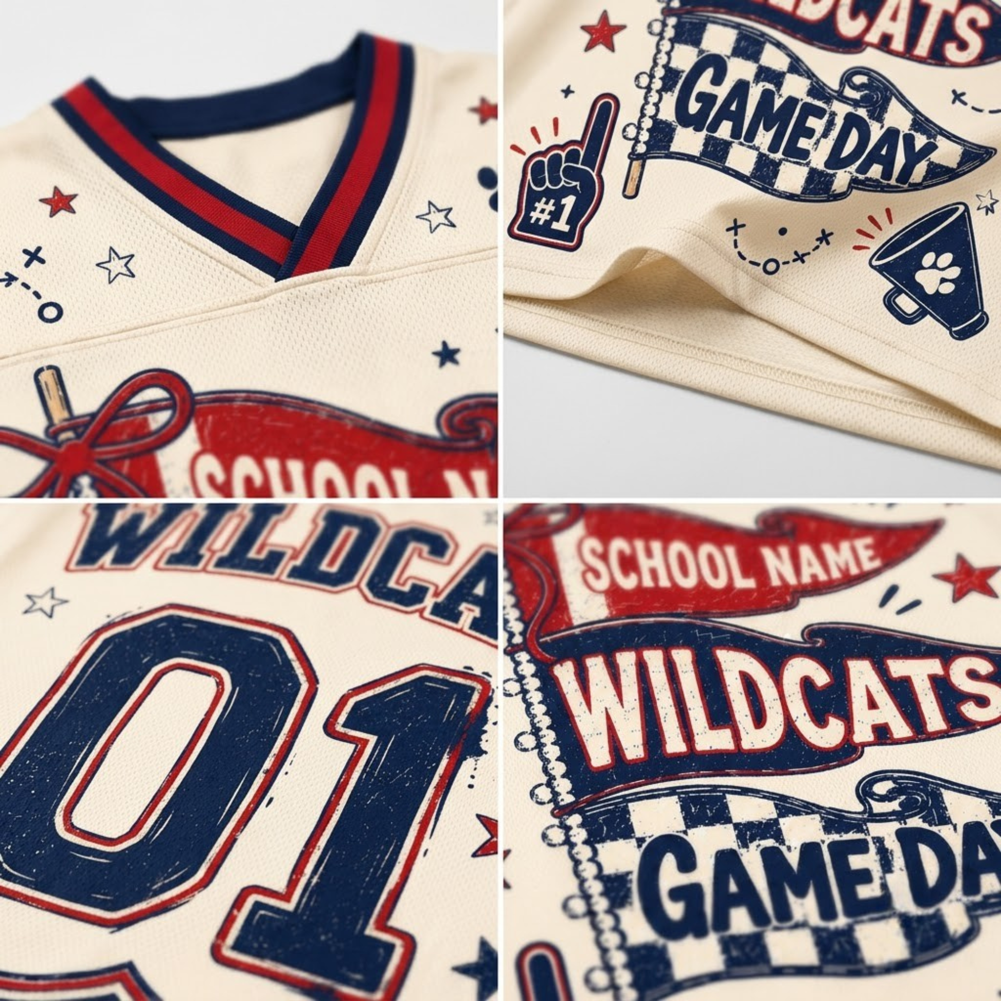 A close-up collage of a cream-colored athletic jersey with navy and red varsity-style graphics, including the word 'WILDCATS,' 'GAME DAY,' stars, a pom-pom graphic, and large number '01' on the front.