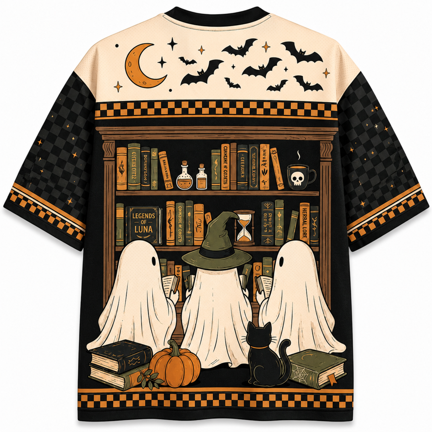 A short-sleeve crewneck t-shirt with an all-over Halloween-themed graphic print. The design features three ghosts in witch hats reading at a bookshelf, a black cat, pumpkins, a crescent moon, and bats on a cream and black background.