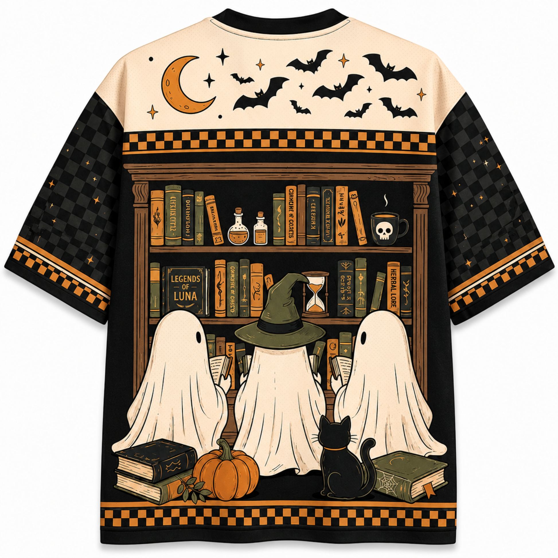 A short-sleeve crewneck t-shirt with an all-over Halloween-themed graphic print. The design features three ghosts in witch hats reading at a bookshelf, a black cat, pumpkins, a crescent moon, and bats on a cream and black background.