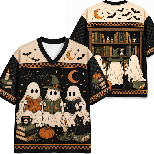 A Halloween-themed short-sleeve V-neck t-shirt shown from both front and back. The design features three cute ghosts reading books, a witch with a hat, a black cat, pumpkins, candles, bats, and a bookshelf on a black background with orange and beige accents.