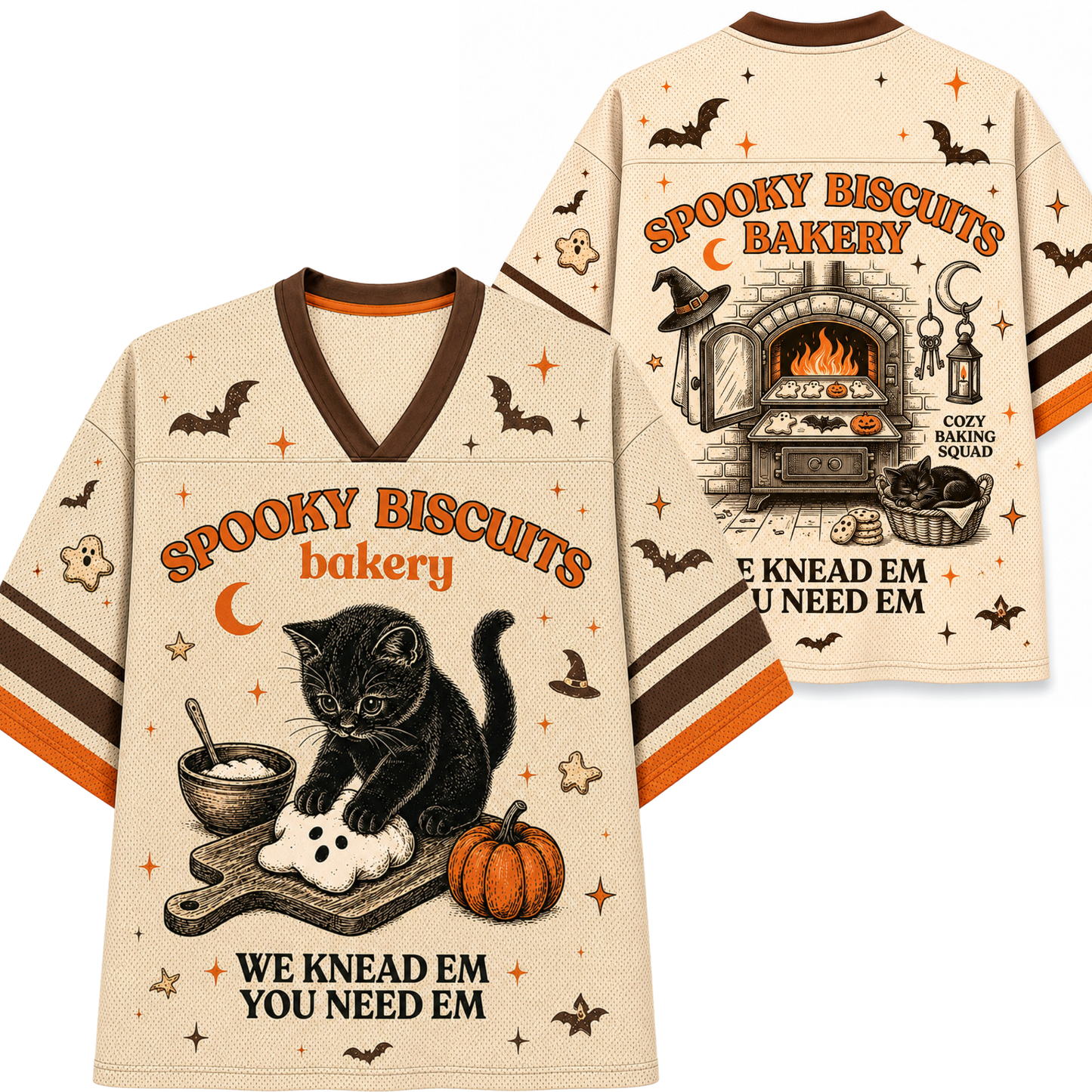 A cream-colored V-neck t-shirt with Halloween-themed graphics, shown in both front and back views. The design features a black cat kneading a biscuit, a pumpkin, bats, stars, and the text 'SPOOKY BISCUITS bakery' and 'WE KNEAD EM YOU NEED EM'.