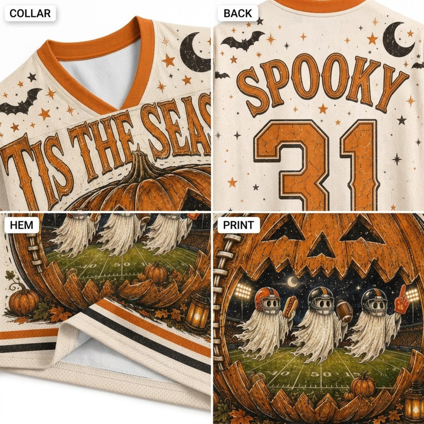 Product compilation highlighting the burnt orange V-neck ribbed collar, orange and black sleeve athletic stripes, floating bats and stars, and breathable mesh fabric.