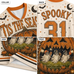 Product compilation highlighting the burnt orange V-neck ribbed collar, orange and black sleeve athletic stripes, floating bats and stars, and breathable mesh fabric.