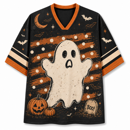Front view of the black varsity jersey displaying a white vintage ghost over distressed orange brushstrokes, jack-o-lantern pumpkin, crescent moon, and Boo tombstone.