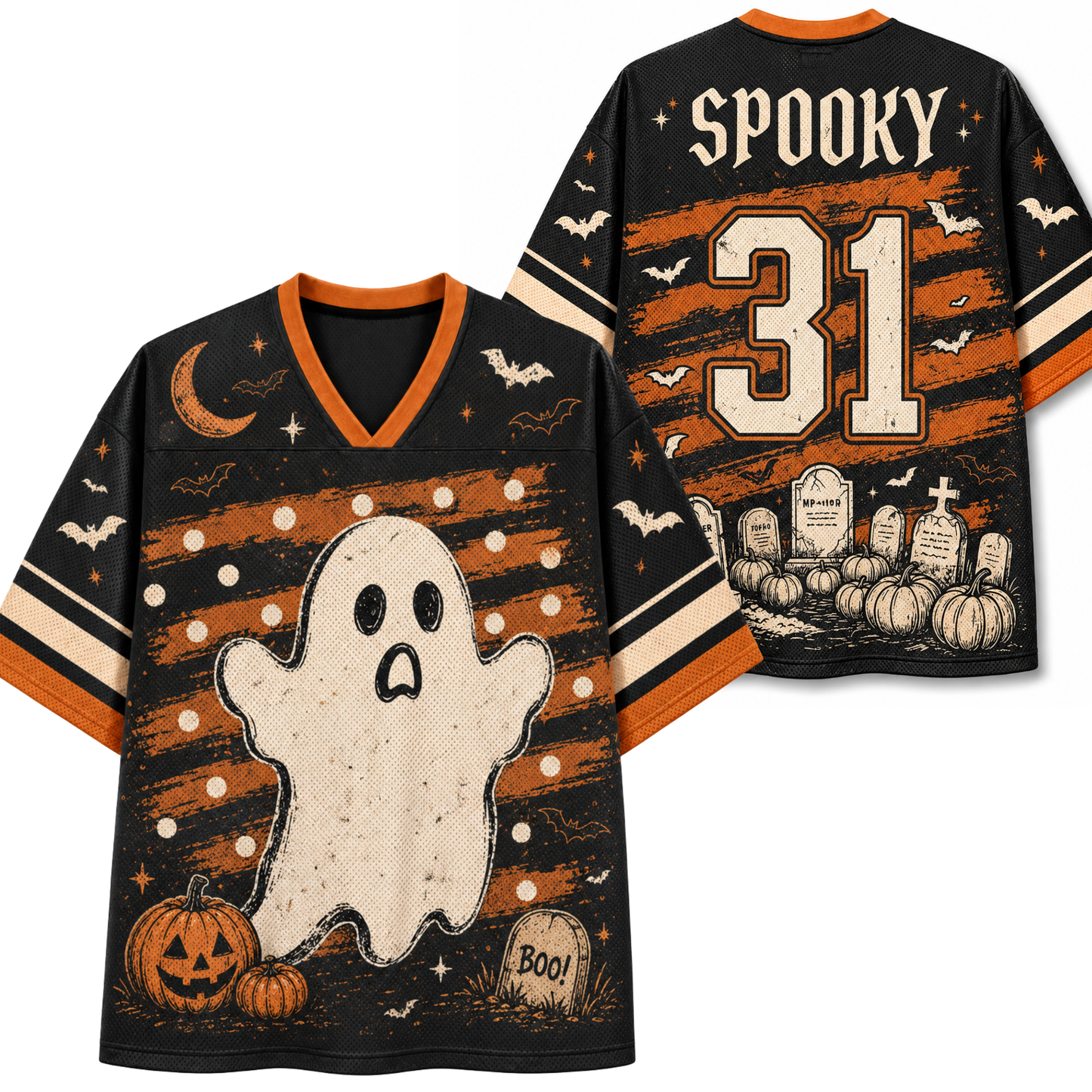 Front and back mockup preview of the black and orange Chaotic Club Halloween jersey featuring a vintage ghost graphic, graveyard scene, and Spooky number 31.