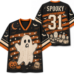 Front and back mockup preview of the black and orange Chaotic Club Halloween jersey featuring a vintage ghost graphic, graveyard scene, and Spooky number 31.