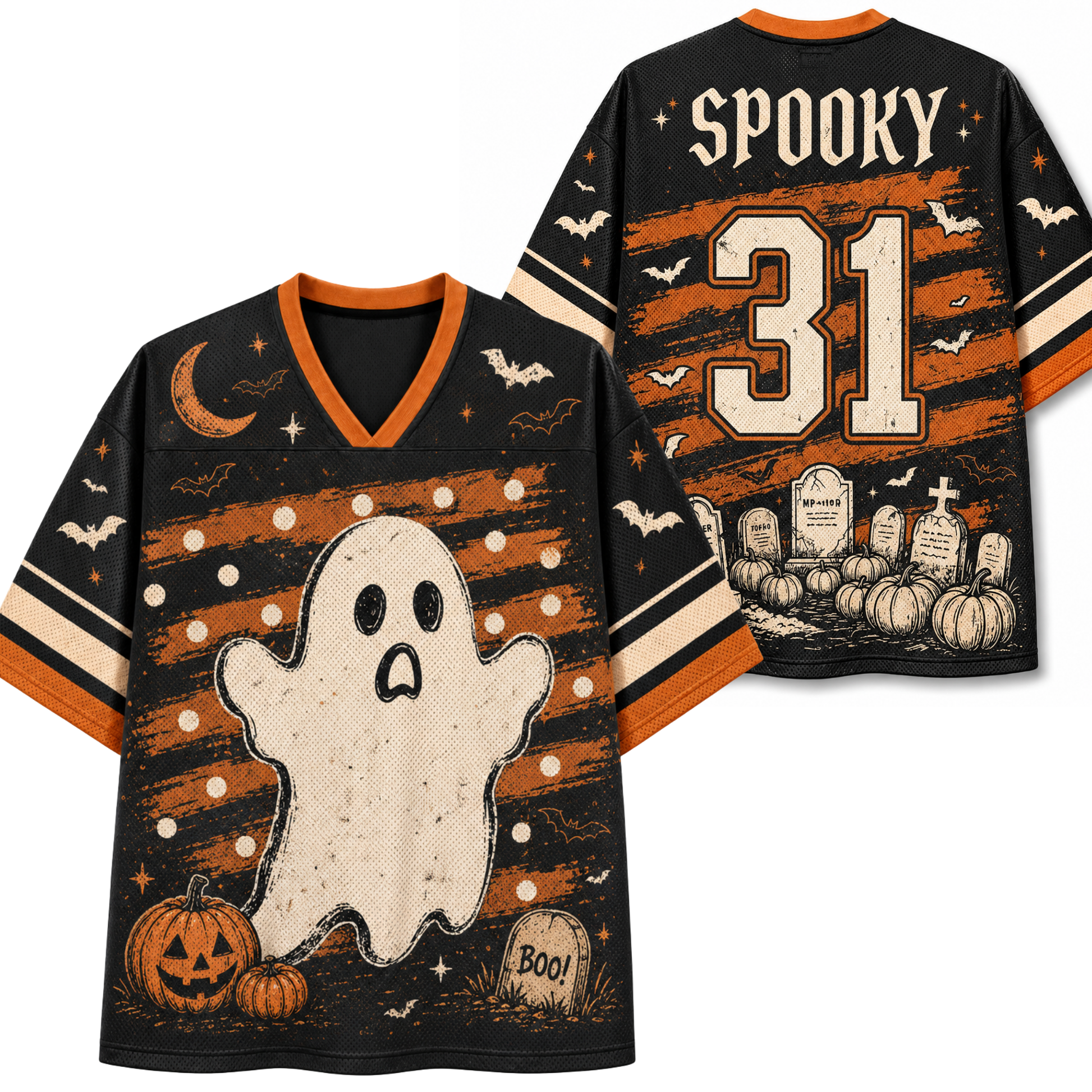Front and back mockup preview of the black and orange Chaotic Club Halloween jersey featuring a vintage ghost graphic, graveyard scene, and Spooky number 31.