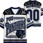 Customizable PHS Panthers hockey jersey shown from the front and back. The white jersey features navy blue graphics, paw prints, stars, and a panther logo, with placeholder text 'YOUR NAME' and '00' on the back.