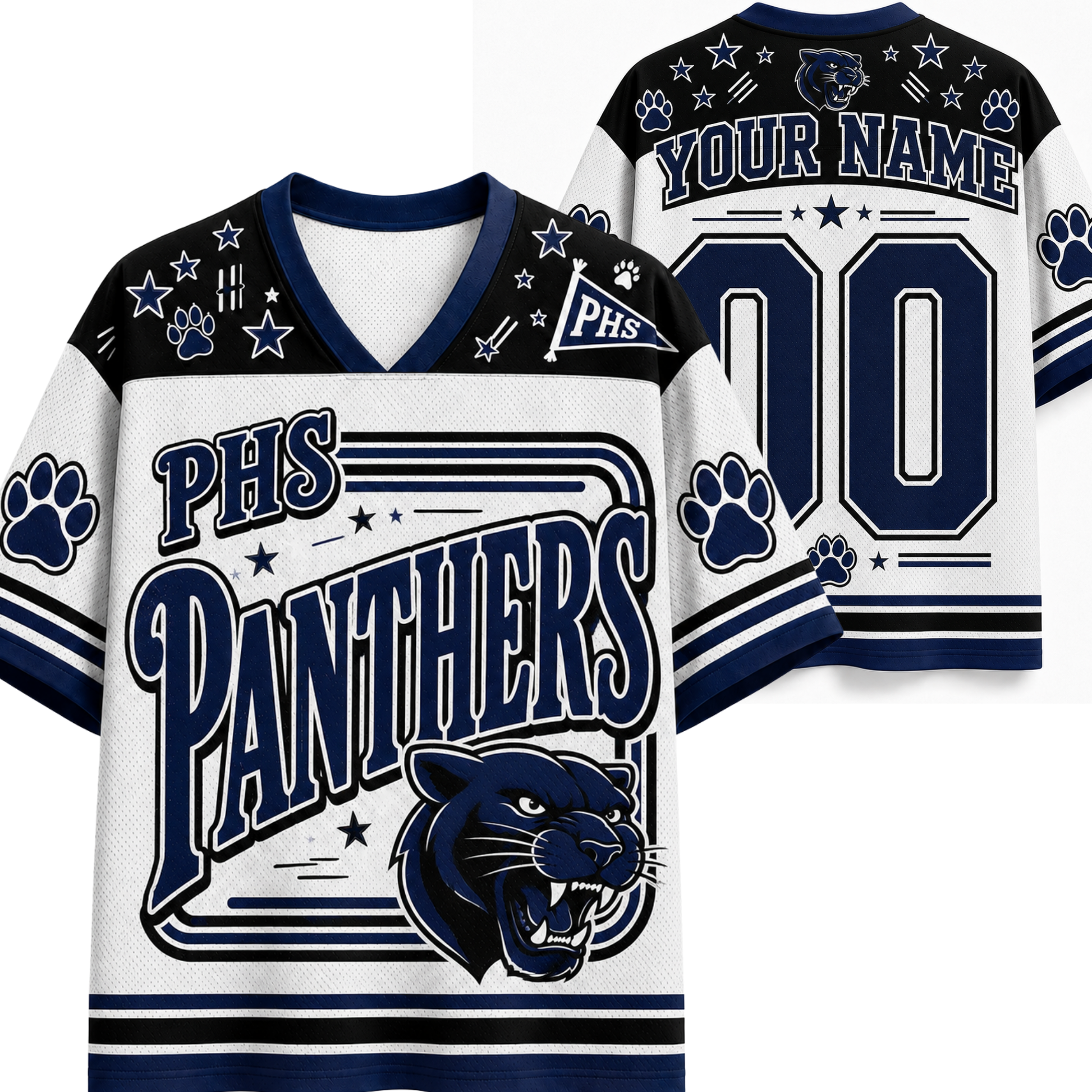 Customizable PHS Panthers hockey jersey shown from the front and back. The white jersey features navy blue graphics, paw prints, stars, and a panther logo, with placeholder text 'YOUR NAME' and '00' on the back.