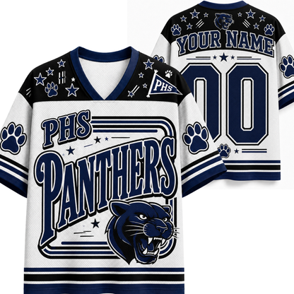 Customizable PHS Panthers hockey jersey shown from the front and back. The white jersey features navy blue graphics, paw prints, stars, and a panther logo, with placeholder text 'YOUR NAME' and '00' on the back.