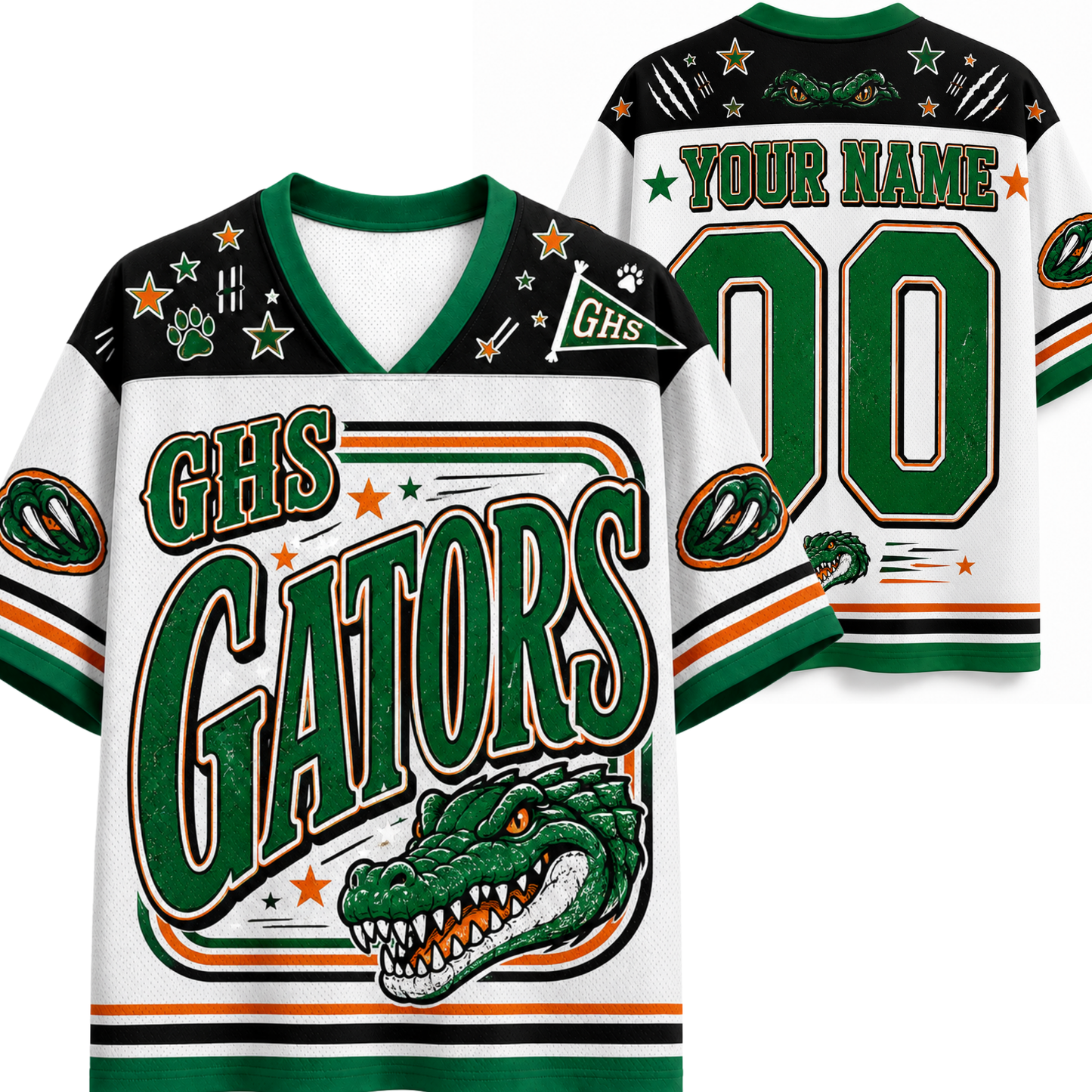 Customizable high school football jersey shown from both front and back. The jersey features a white base with green and black accents, decorated with stars, paw prints, a green alligator mascot graphic, and placeholder text 'GHS GATORS' and 'YOUR NAME 00'.