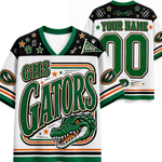 Customizable high school football jersey shown from both front and back. The jersey features a white base with green and black accents, decorated with stars, paw prints, a green alligator mascot graphic, and placeholder text 'GHS GATORS' and 'YOUR NAME 00'.