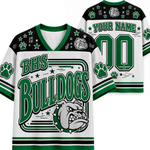 A custom BHS Bulldogs hockey jersey shown from both the front and back. The jersey features a white body with green and black accents, including a green collar, sleeve cuffs, and shoulder panels.