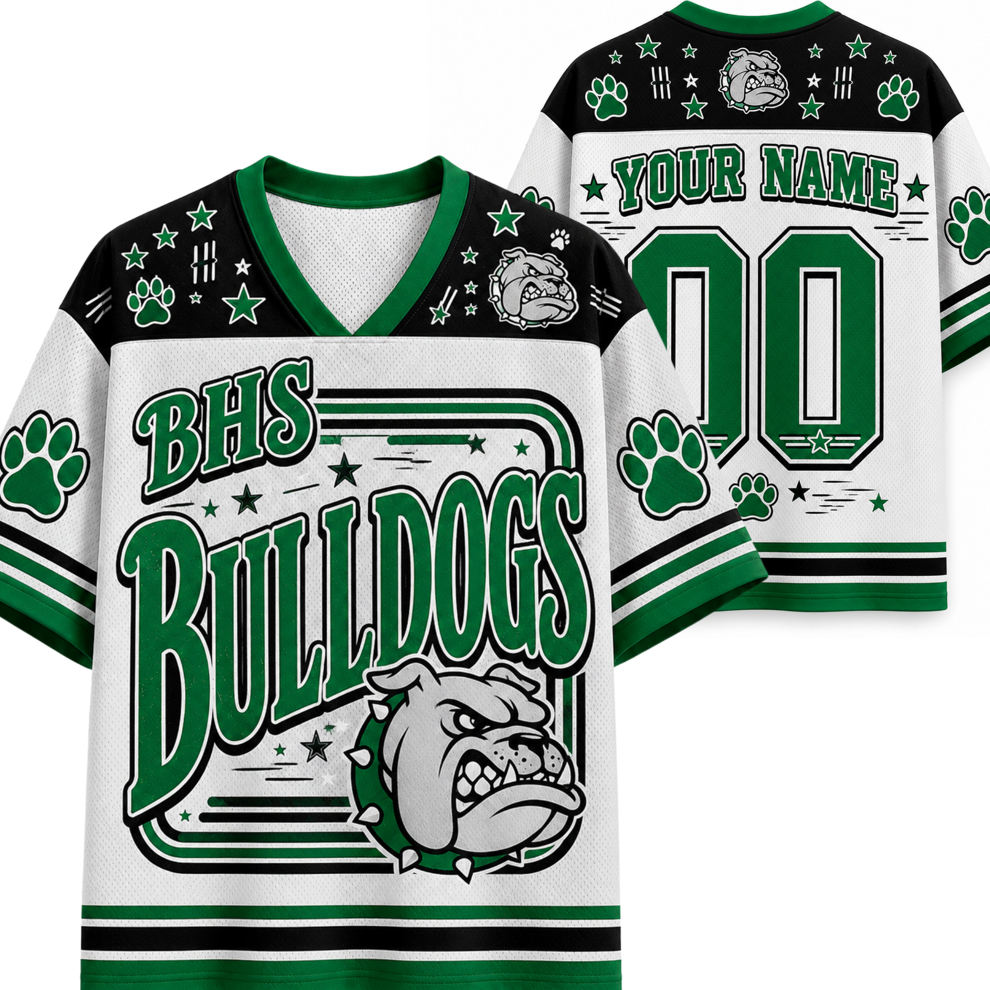A custom BHS Bulldogs hockey jersey shown from both the front and back. The jersey features a white body with green and black accents, including a green collar, sleeve cuffs, and shoulder panels.