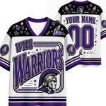 White and purple custom hockey-style jersey shown from the front and back, with 'WHS Warriors' text, a Spartan helmet graphic, stars, stripes, and placeholder name/number text on the back.