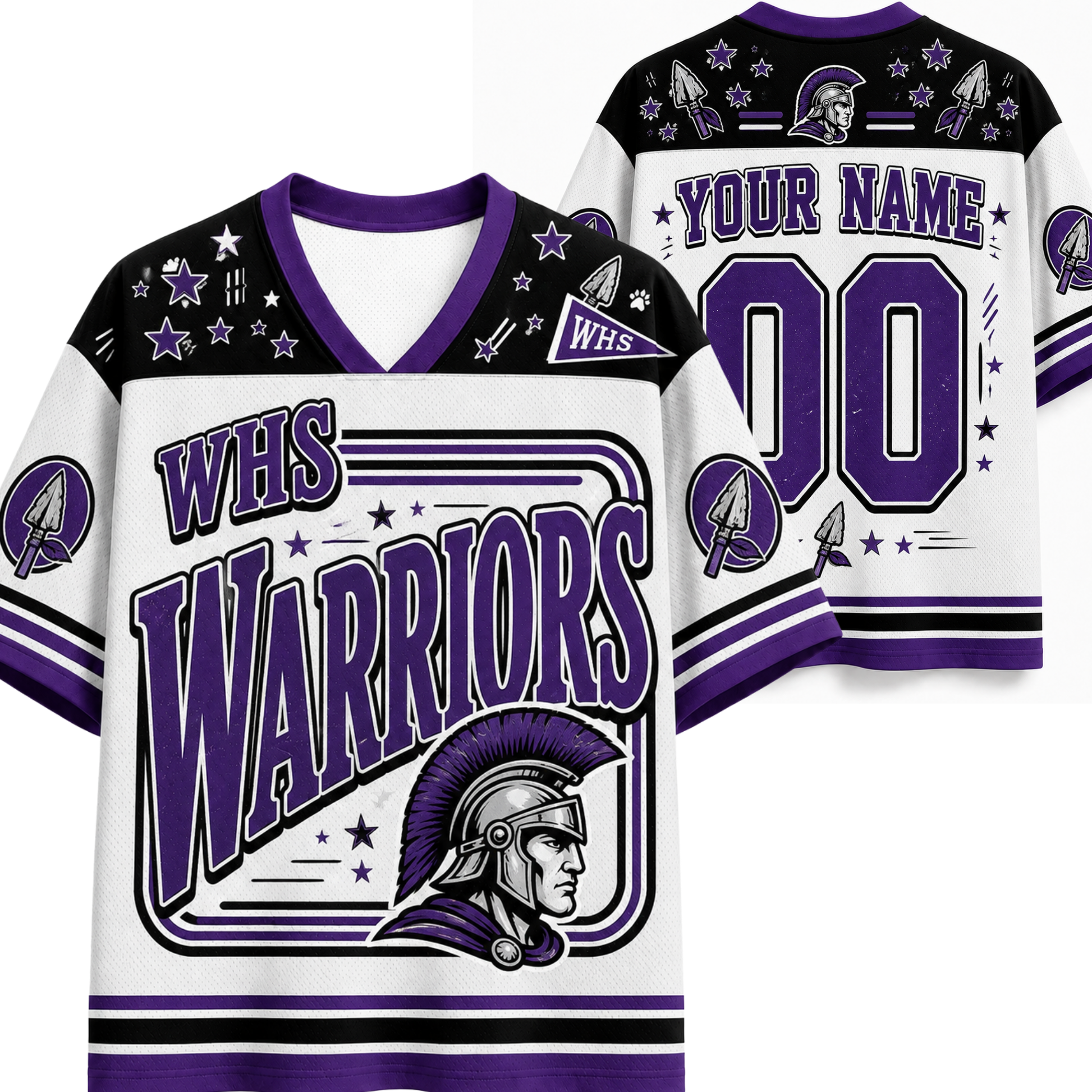 White and purple custom hockey-style jersey shown from the front and back, with 'WHS Warriors' text, a Spartan helmet graphic, stars, stripes, and placeholder name/number text on the back.