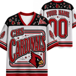 Customizable white, red, and black high school varsity jerseys shown from both the front and back, featuring 'CHS Cardinals' text, a cardinal bird logo, and placeholder text for name and number.