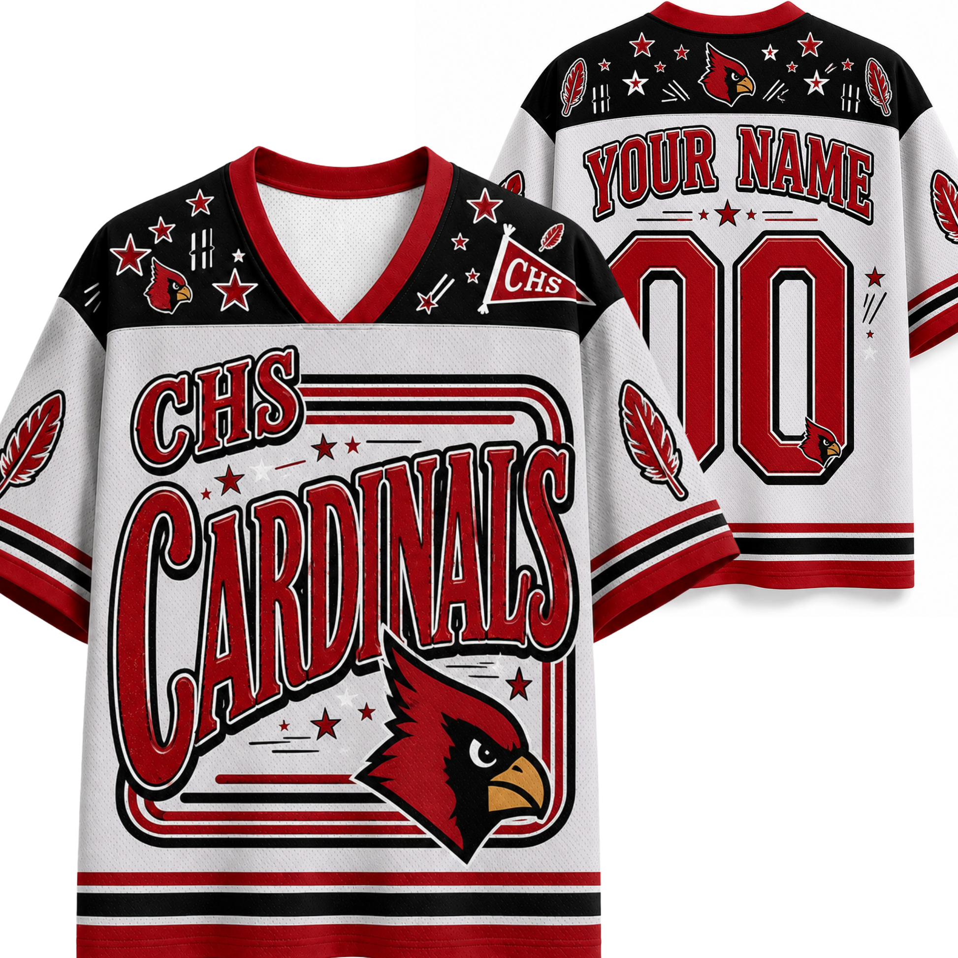Customizable white, red, and black high school varsity jerseys shown from both the front and back, featuring 'CHS Cardinals' text, a cardinal bird logo, and placeholder text for name and number.