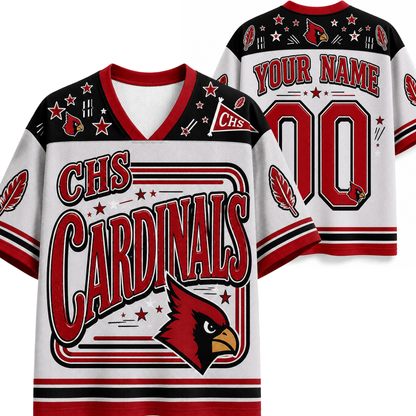 Customizable white, red, and black high school varsity jerseys shown from both the front and back, featuring 'CHS Cardinals' text, a cardinal bird logo, and placeholder text for name and number.