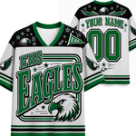 White and green custom high school Eagles jersey shown from the front and back, featuring 'EHS EAGLES' text, eagle graphics, stars, and placeholder text 'YOUR NAME' and '00'.